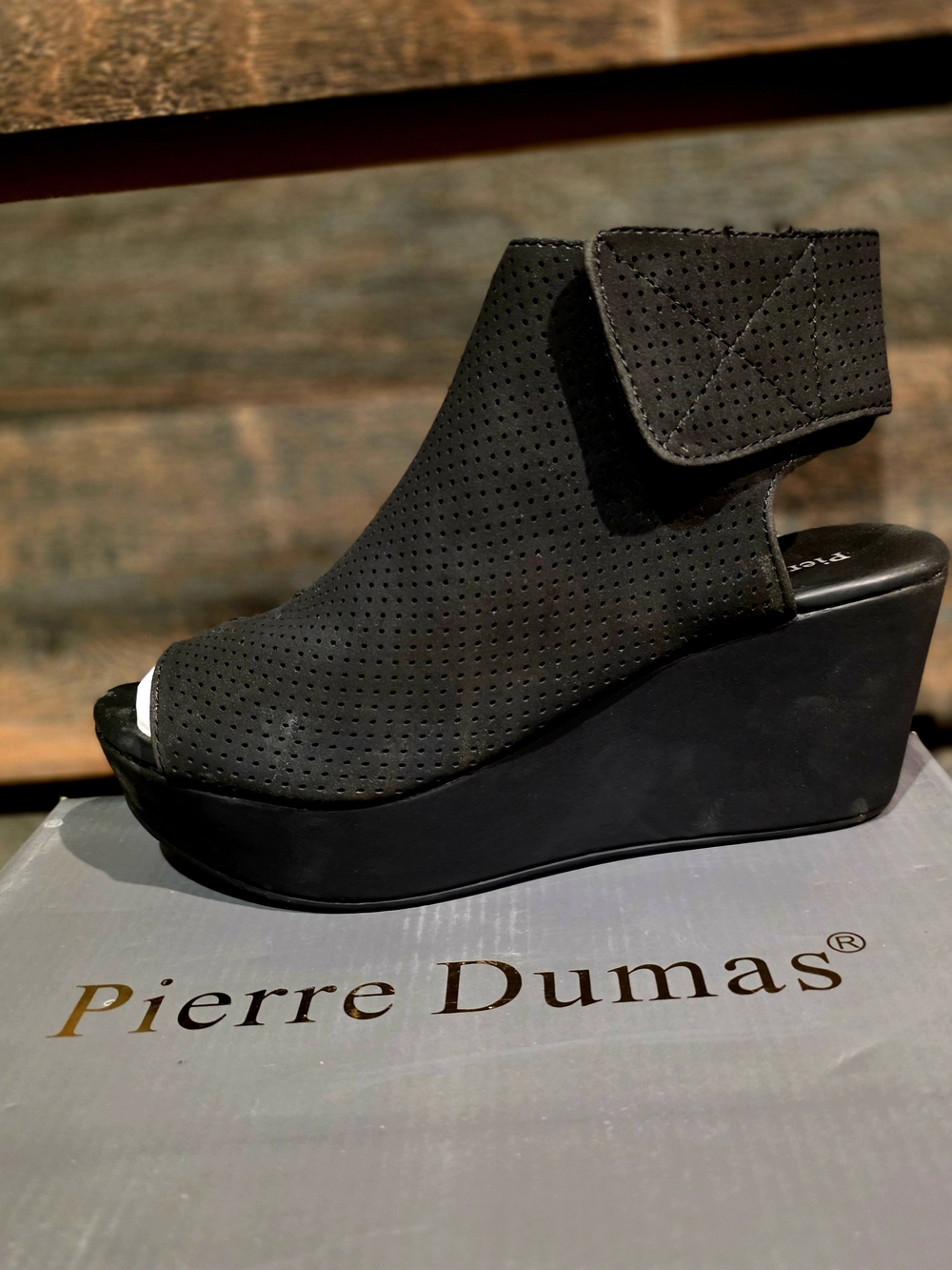 Pierre Dumas Black Perforated Peep-Toe Wedge Sandal